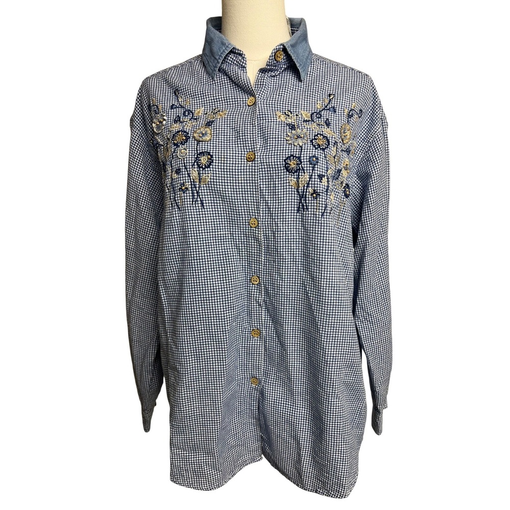 Vintage Womens Blue Gingham Floral Embroidered Beaded Button Down‎ Shirt L